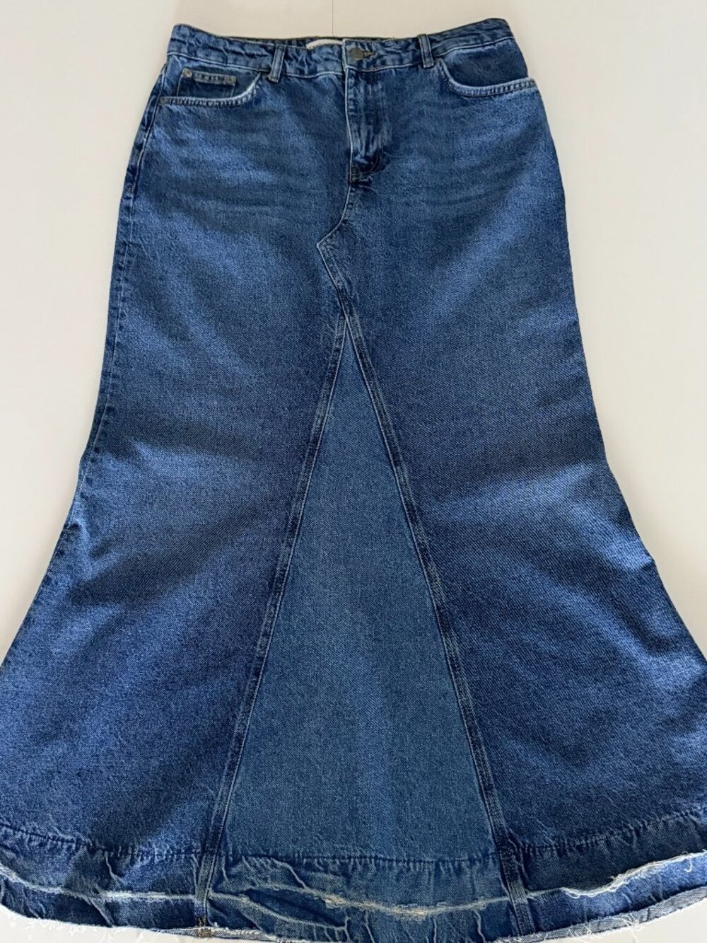 Zara Womens Blue Denim Maxi Raw Hem Trumpet Skirt Large Boho Western Prairie